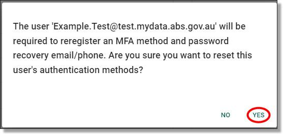 Reset MFA confirmation