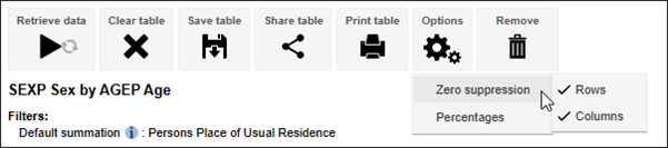 Zero suppression options showing rows and columns selected