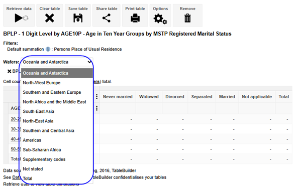 Table with wafers showing available categories in dropdown list