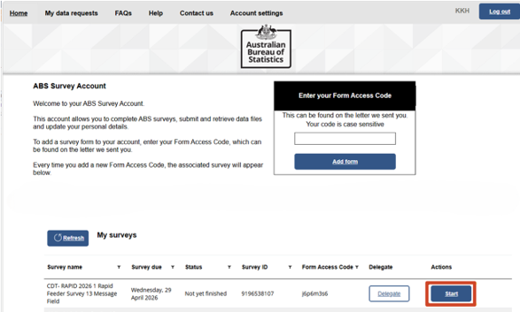 My Surveys section of the ABS Survey Account screen, showing the Start button under the Actions column