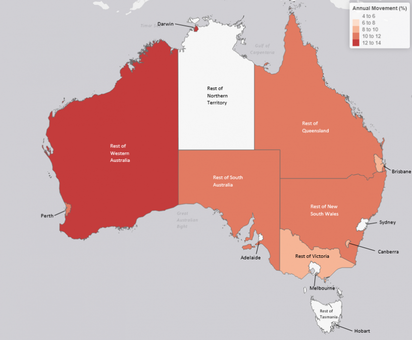 Heat map below denotes the annual revenue movements for each capital city, state and territory