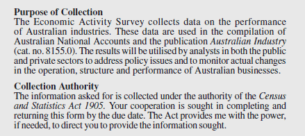 Purpose of collection and Collection authority statements used on ABS Economic Activity Survey forms
