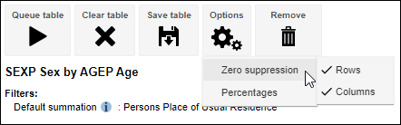 Zero suppression options showing rows and columns selected