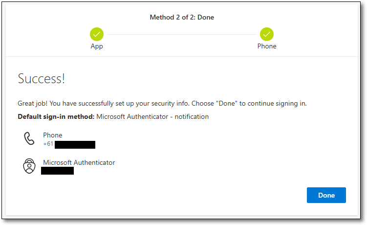 Second verification method 'Success' page