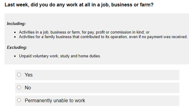 Question asks: Last week, did you do any work at all in a job, business or farm?