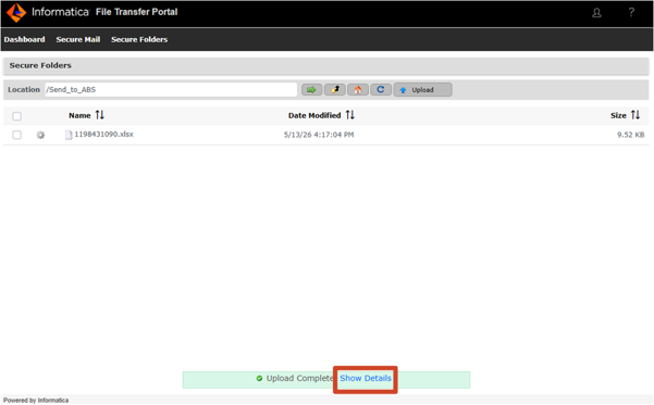 Informatica File Transfer Portal page, showing the Show Details button