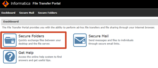 Informatica File Transfer Portal page, highlighting the Secure Folders button