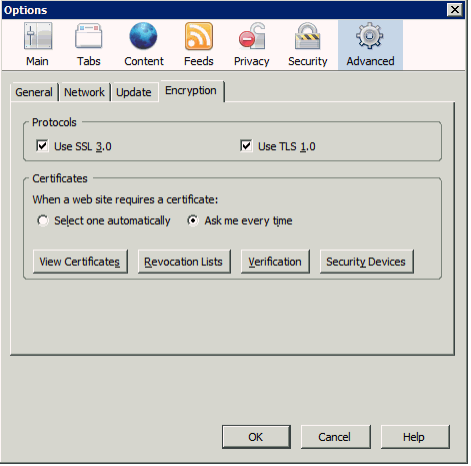 Screenshot of Firefox options dialogue box
