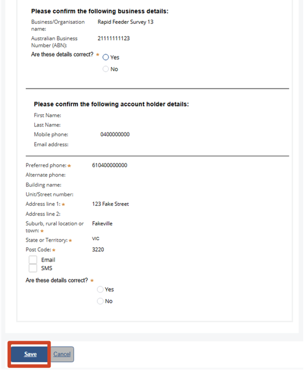 Confirm your details page, highlighting the Save button