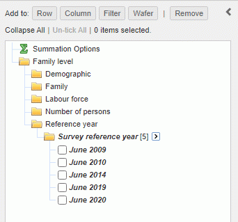 Image of survey reference years in subheading in tablebuilder