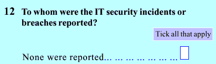 Example: To whom were the IT security incidents or breaches reported? (Tick all that apply). First response option listed: None were reported.