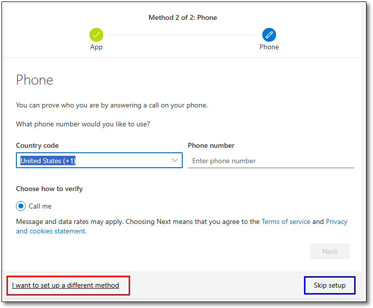 Default second verification method. Enter country code and phone number