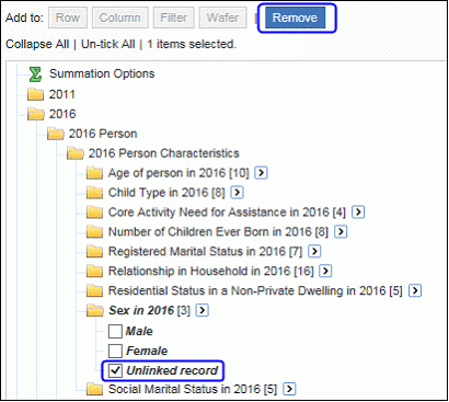 Image: Screen shot from TableBuilder showing an example of deselection of the "unlinked record" category.