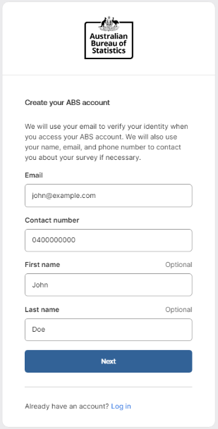 Screenshot of an Australian Bureau of Statistics account creation web form with fields for email, contact number, first name, and last name partially filled out against a white background. A ‘Next’ button is below the fields alongside a link for existing accounts.