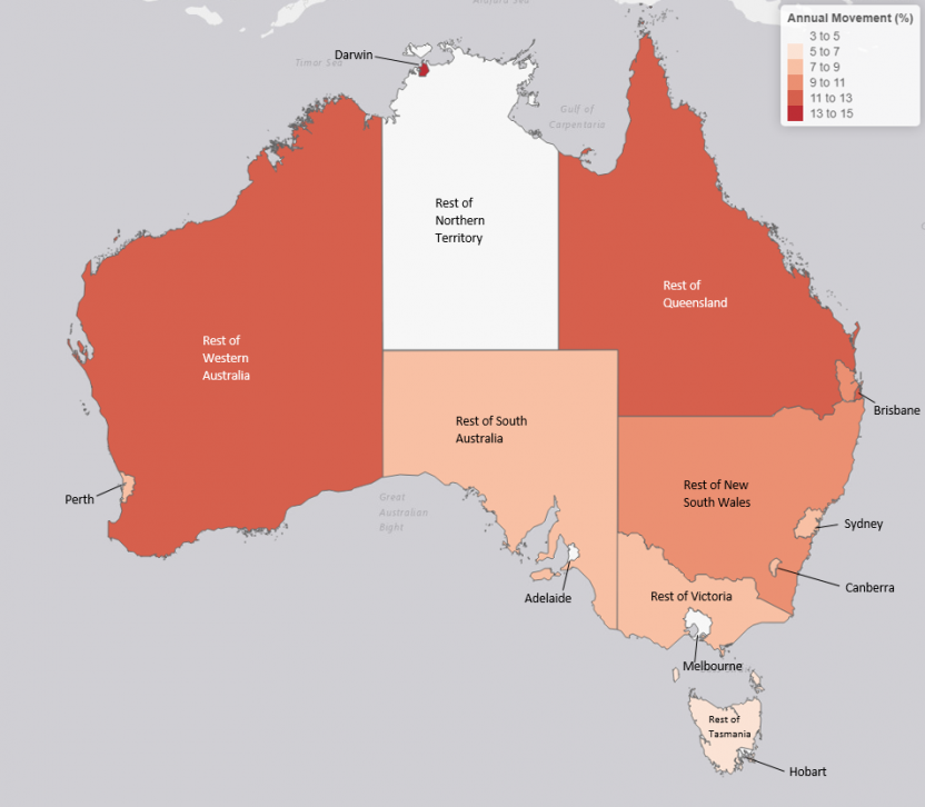 Heat map below denotes the annual revenue movements for each capital city, state and territory