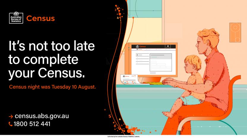 Advertisement: 'It's not to late to complete your Census. Census night was Tuesday 10 August. census.abs.gov.au'