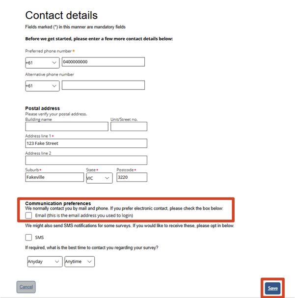 Contact Details screen, highlighting the Email tick-box in the Communication Preferences section