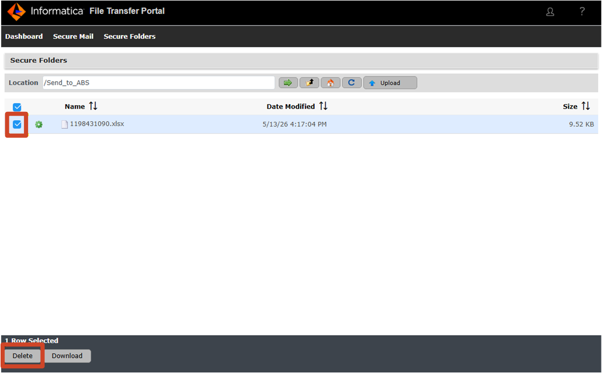 Informatica File Transfer Portal page, highlighting the file checkbox, and the Delete button