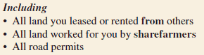 List items: All land you leased or rented from others, All land worked for you by sharefarners, All road permits.