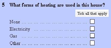 What forms of heating are used in this house? (Tick all that apply); Responses: None; Electricity; Gas; Other