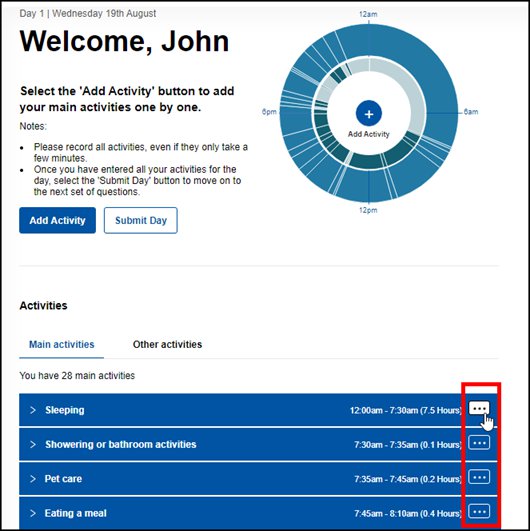 Image: Main page of Time Use Survey eDiary, showing edit buttons