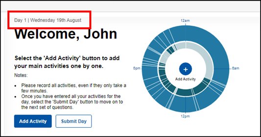Image: Main page of Time Use Diary eDiary with diary day and date highlighted