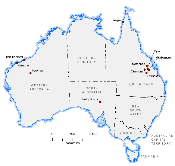 Map of Australia showing locations of significant mining towns