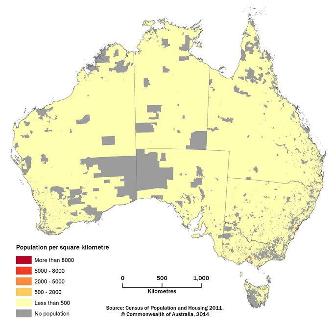 Figure 1, A map of Australia showing the population density of Mesh Blocks in five density ranges 