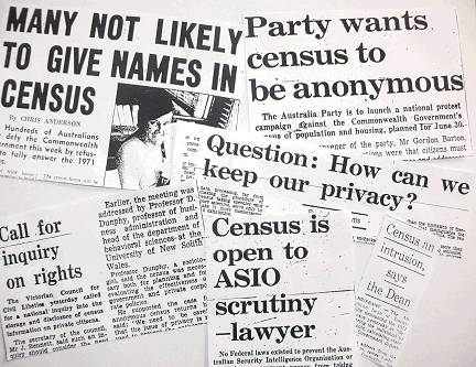 Montage of newspaper headlines from 1971 about privacy and the Census
