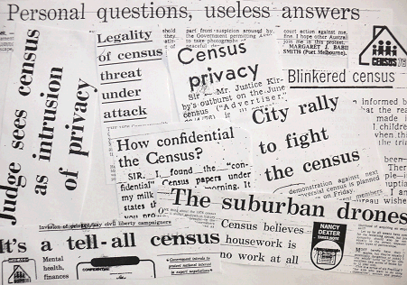 Montage of 1976 newpspaper headlines about privacy and the Census