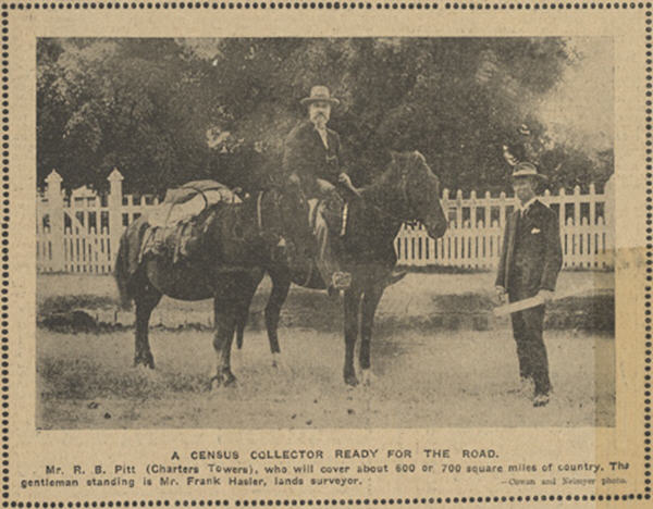 1911 photograph of Mr R B Pitt, Charters Towers (on horseback, and with a pack horse) who will cover about 600 or 700 square miles of country. A gentleman standing with maps is Mr Frank Hasler , lands surveyor.