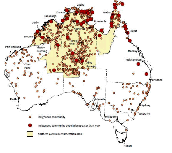 Map: Australia showing Northern Australia enumeration area and discrete Indigenous communities