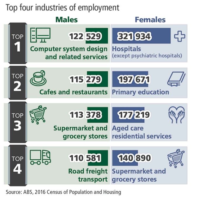 Infographic showing the top four industries of employment for males and females.