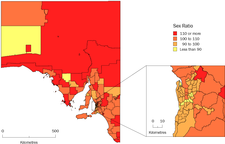 Diagram: MALES PER 100 FEMALES, Statistical Local Areas, South Australia—30 June 2010