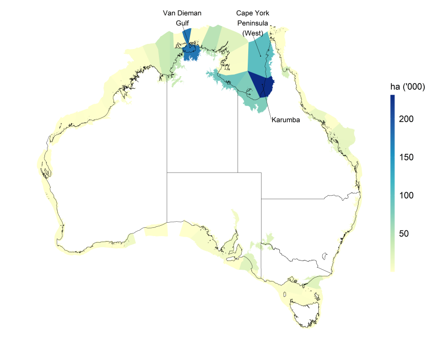 A map of Australia with primary sediment compartments shaded from yellow to green to blue indicating the total hectares of saltmarsh. The primary sediment compartments Van Dieman Gulf (Northern Territory), Karumba (Gulf of Carpentaria, Queensland), and Cape York Peninsula (West) (Queensland) are labelled as they have the largest saltmarsh extents.