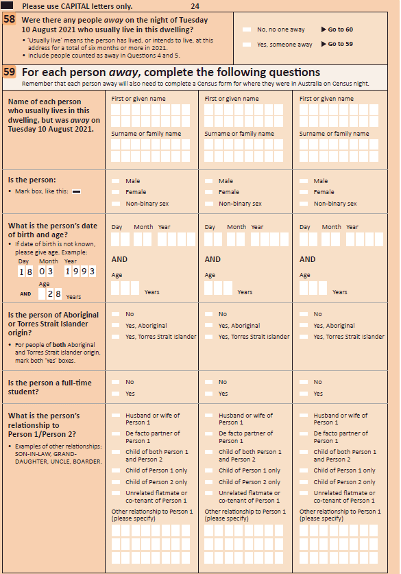 Image of a page of the Census paper form with questions about people away on Census Night.