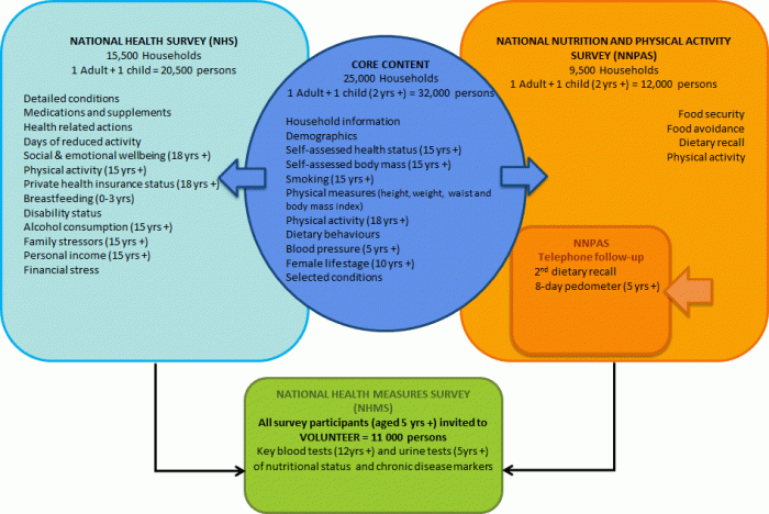 Venn type diagram showing the components and content of the Australian Health Survey.