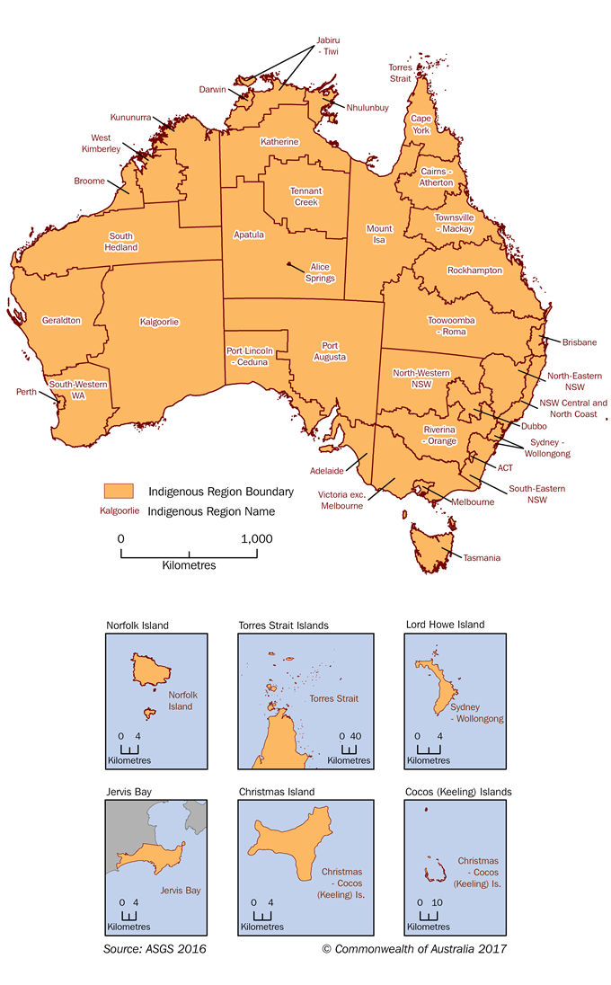 Map of Australia showing Indigenous Region boundaries, including insets of islands including Norfolk Island, Torres Strait Islands, Lord Howe Island, Jervis Bay, Christmas Island and Cocos (Keeling) Islands.