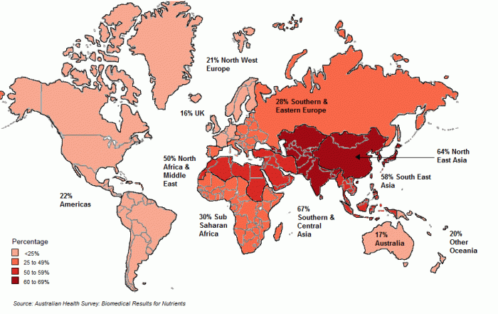 Map of the world showing rates of Vitamin D deficiency in the Australian population by region of birth