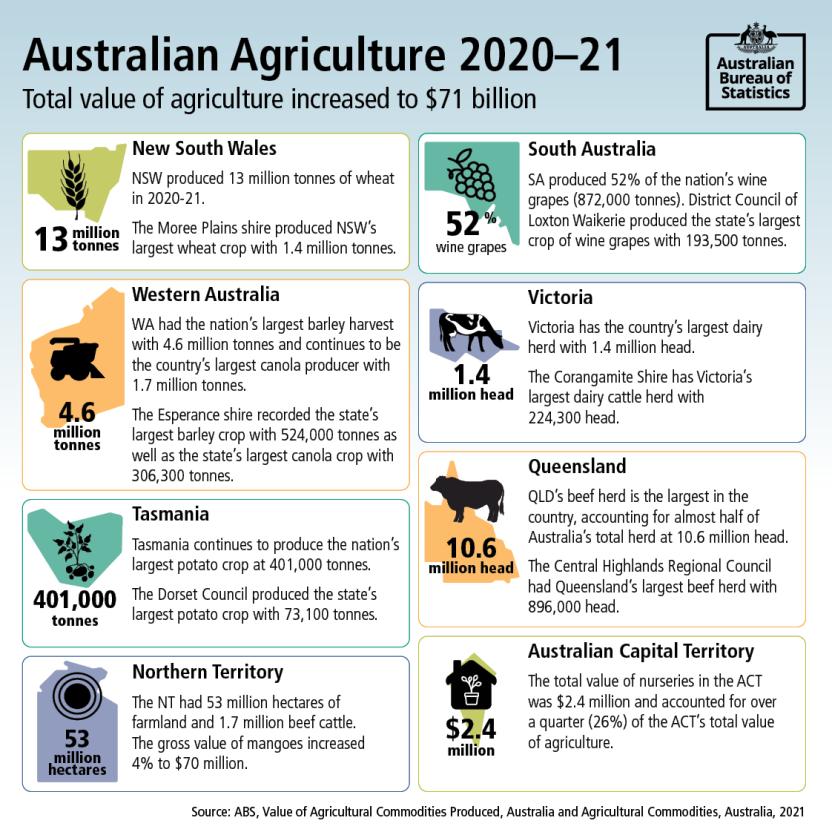 Infographic showing total value of Australian agriculture from 2020-21 and key state statistics. 