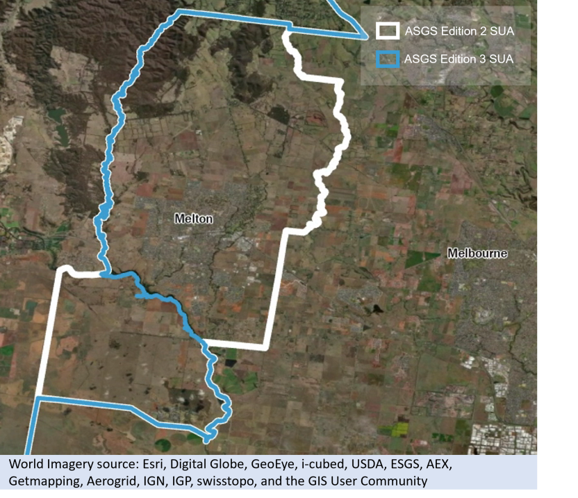 Picture showing aerial satellite imagery of Mount Isa. Image shows the Edition 2 (2016) Melton and Melbourne SUA boundaries in white, and Edition 3 (2021) Melbourne SUA boundary in blue. 
