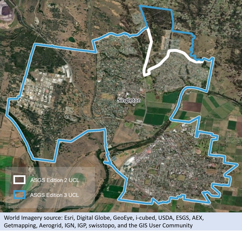 Picture showing aerial satellite imagery of Singleton in New South Wales. Image shows the Singleton UCL boundary for Edition 2 (2016) in white, and for Edition 3 (2016) in blue. 