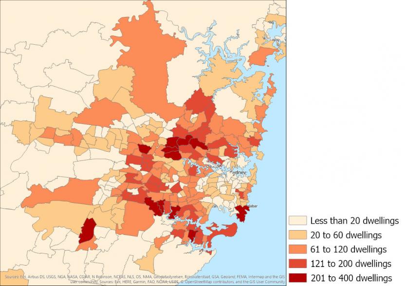 Map showing dwelling demolitions approved in New South Wales by SA2 between 2016 and 2019