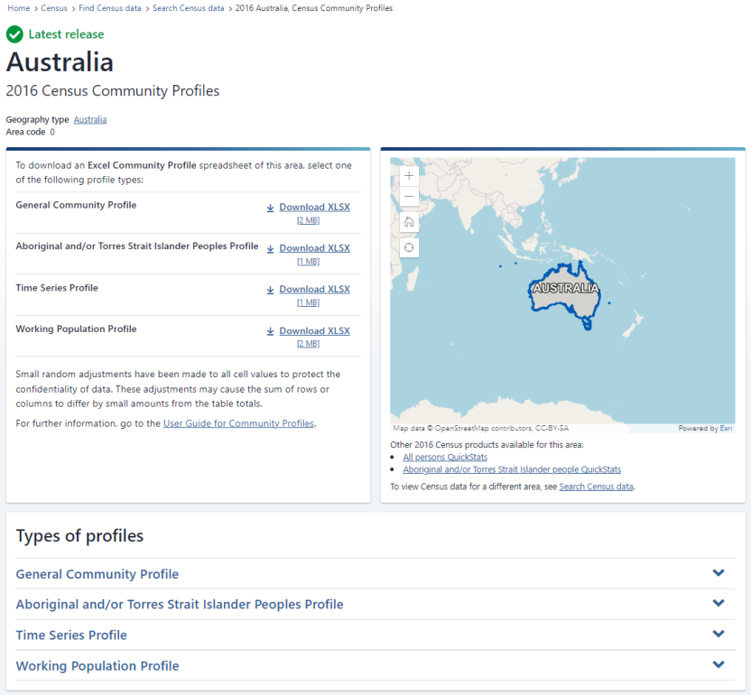 Image of 2016 Australia Census Community Profile download page.