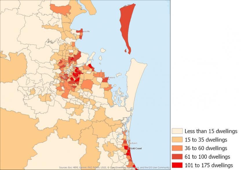 Map showing the number of dwelling demolitions approved in Queensland by SA2 between 2016 and 2019
