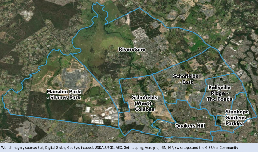 This image shows seven 2021 Statistical Areas Level 2 in Sydney after being split in Edition 3, reflecting new emerging suburbs.