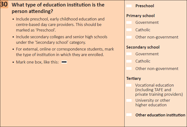 This question seeks information on the type of education institution a person is attending.