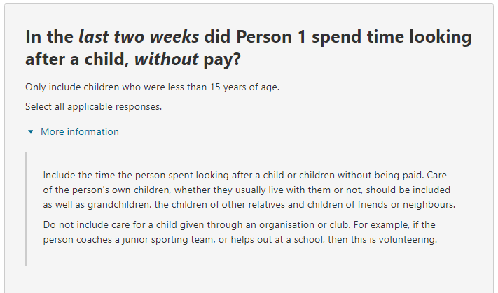 Additional information relating to the question on:In the last two weeks did the person spend time looking after a child, without pay? 