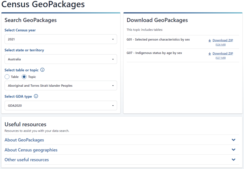 Image of Census GeoPackages interface. This is where users can search and download Census GeoPackages.