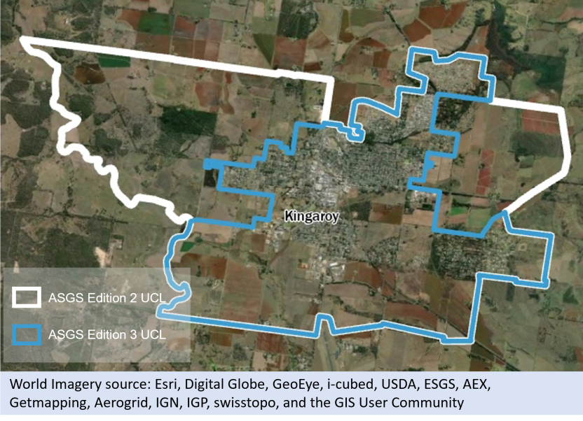 Picture showing aerial satellite imagery of Kingaroy in Queensland. Image shows the Kingaroy UCL boundary for Edition 2 (2016) in white, and for Edition 3 (2016) in blue. 